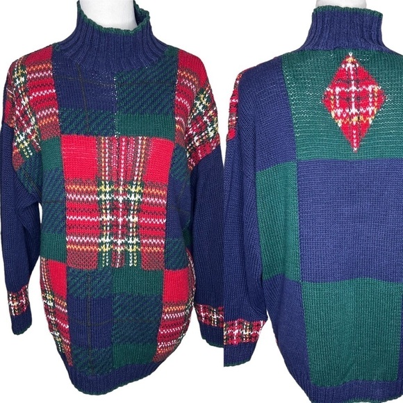 VTG Limited Oversized Hand Knit Color Block High Neck Sweater Size S Patchwork - Picture 15 of 15